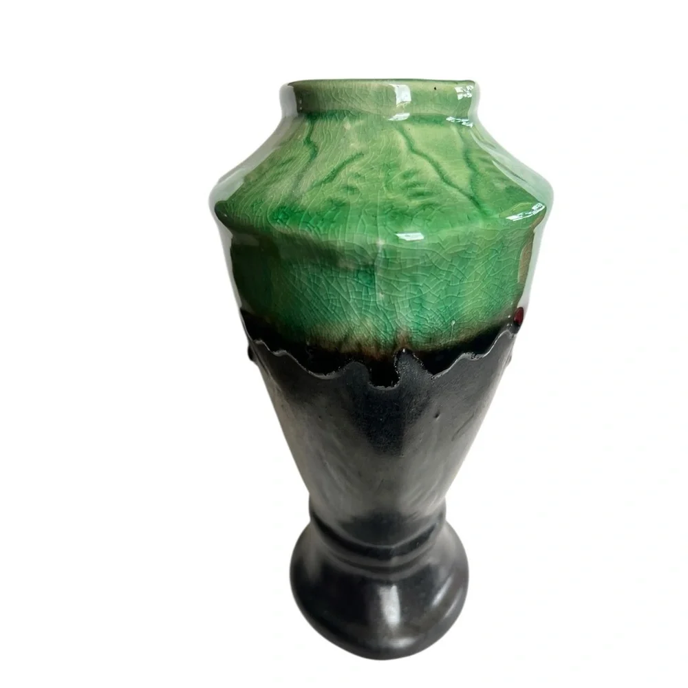 Vintage Art Deco Green & Black Drip Ceramic Vase Collectible Vietnam